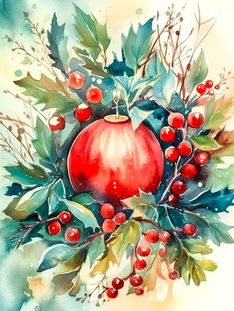 Christmas tree ball drawn in watercolor, flat design.の素材