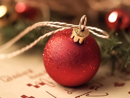 Red Christmas ball close-up on a blurred background.の素材