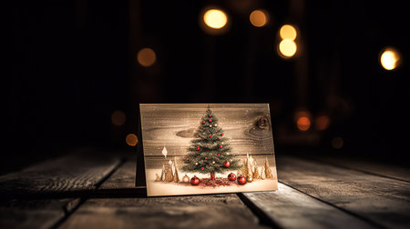 Christmas card with a painted Christmas tree on a wooden surface, close-up.の素材