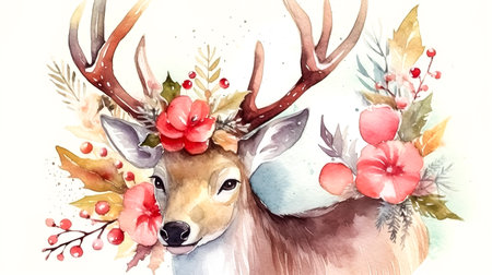 Deer with flowers, drawn in watercolor on a white background.の素材