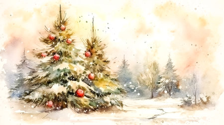Decorated Christmas trees in the forest, painted in watercolor.の素材