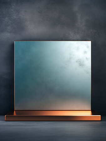 Blue square in a bronze frame, geometric background with space for text.の素材