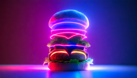 Neon illuminated burger on a neon background.の素材