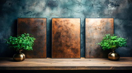 Geometric background with shabby rusty rectangles on a wooden surface.の素材