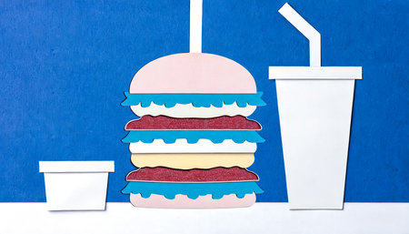 Paper craft burger, stylish composition cut out from colored paper.の素材