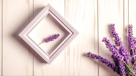Empty frame with violet flowers on a white wooden background, top view.の素材