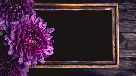 Empty frame with violet flowers on a dark background, top view.の素材