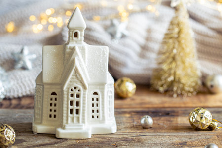 Christmas background with decorative house and holiday decor details.の写真素材