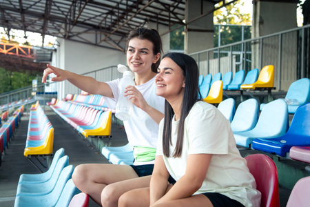 Sporty happy women sitting on the bleachers at the daylight.