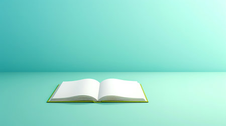 Open blank book on a light green background.の素材