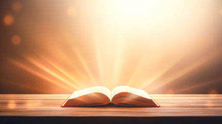 An open book glows with a magical light, magic concept.の素材