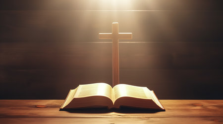 Open book Bible and cross on a dark background with light.の素材