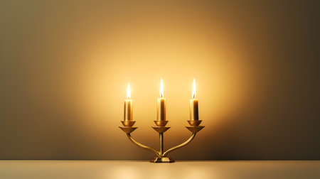 Vintage candles in golden candlestick on a blurred background.の素材