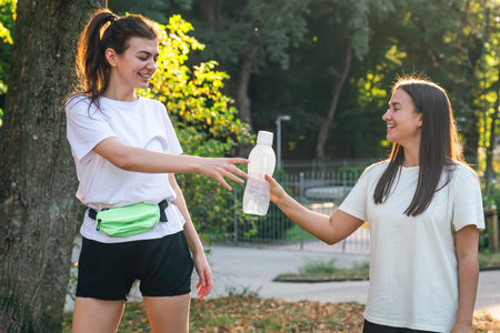 Two young adult woman running in a park.