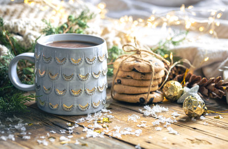 Winter composition with a cup of cocoa, cookies and decorative details.の写真素材