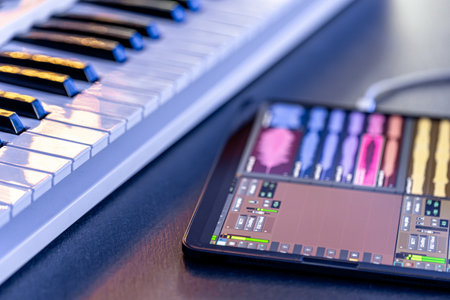 Musical keys and a tablet with a stylus on the table.の写真素材