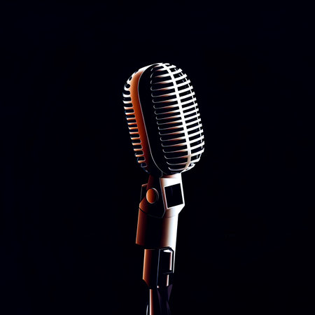 Classic retro voice microphone on dark stage background isolated.の素材