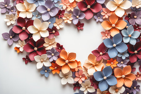 Heart shape made from paper flowers, top view.の素材