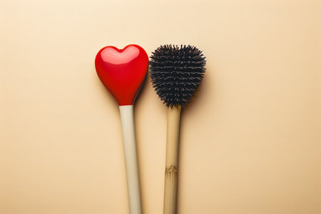 Heart shaped wooden toothbrushes isolated, top view.の素材
