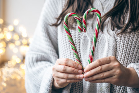 Close up of female hands holding candy canes in the form of heart.の写真素材
