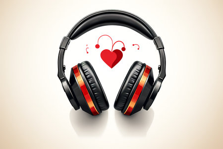 Decorative heart and modern headphones on white background, top view.の素材