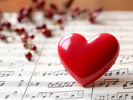 Musical background with a red heart on a sheet of music.の素材