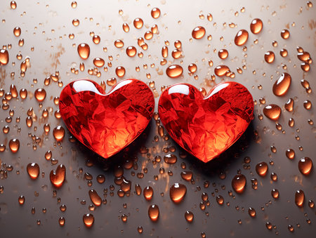 Glass red hearts on a dark background with water drops.の素材