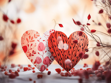 Festive background for Valentines Day with hearts, decorative ornaments.の素材