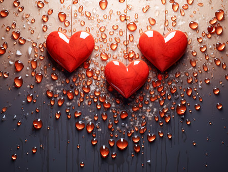 Glass red hearts on a dark background with water drops.の素材