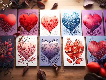 Set of Valentines day artistic hand drawn greeting card or background.の素材