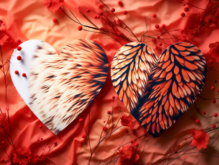 Background with decorative hearts in animal print.の素材