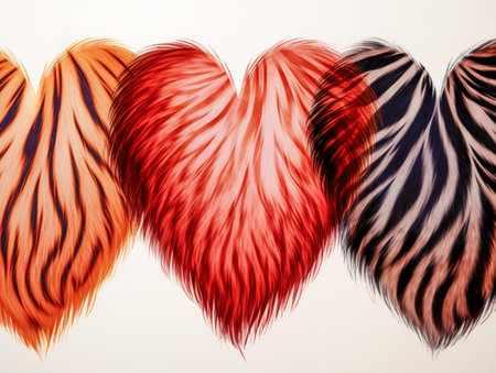 A set of fluffy hearts with animalistic prints on white background.の素材