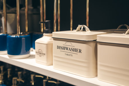 Boxes labeled Dishwasher tablets in a home supplies store.の写真素材