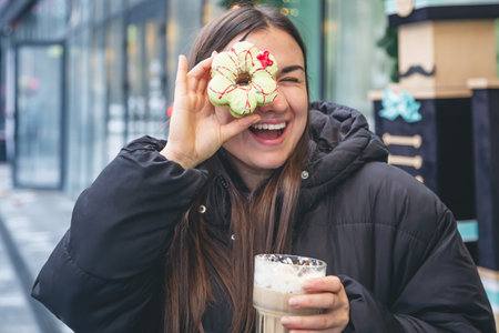 Woman with a cup of coffee and Christmas macaroon outside in winter.の写真素材