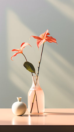 Aesthetic home interior decoration, glass vase with fresh flowers.の素材