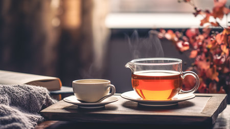 Hot tea in a cup on a blurred background of the room interior.の素材