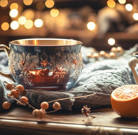 Cozy composition with a cup of tea and bokeh lights on a blurred background.の素材