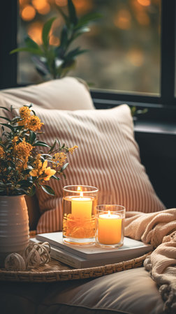 A glass vase with flowers and a candles on a table in the interior of the room.の素材