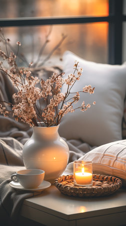 A glass vase with flowers and a candle on a table in the interior of the room.の素材