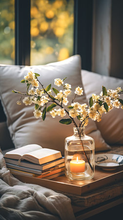 A glass vase with flowers and a candle on a table in the interior of the room.の素材