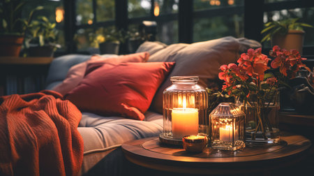 Home composition with flowers in a vase and candles on blurred room background.の素材