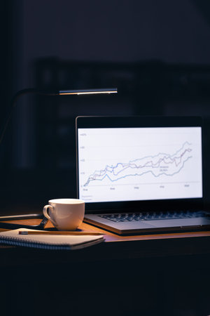 Computer in a dark room with graphs on the screen.