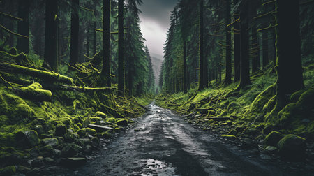 Forest road with green moss and grass in the mountains.の素材