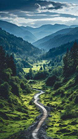 Forest road with green moss and grass in the mountains.の素材