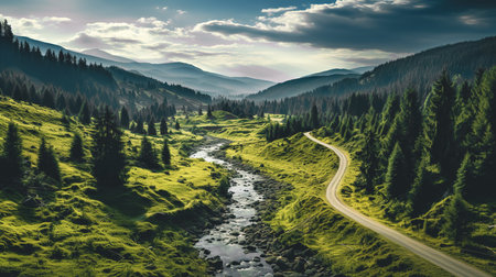 Forest road with green moss and grass in the mountains.の素材