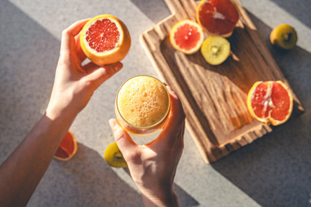 Woman hand with juice glass and oranges on kitchen table background., top view.の写真素材