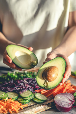 Close-up of a cut avocado in a womans hands.