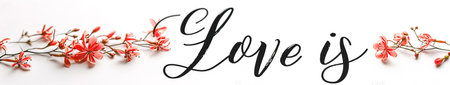 The inscription Love is and flowers on a white background isolated.の素材