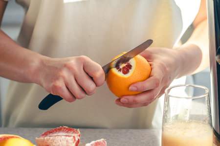 A woman cuts an orange in the kitchen and makes juice in a juicer.