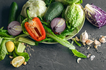 Close-up, fresh vegetables on a dark kitchen table.